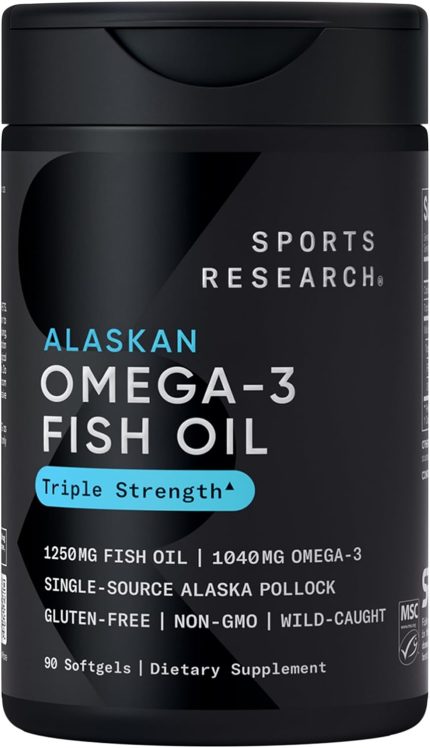 sports research® omega 3 fish oil 1250 triple strength fish oil supplement from wild alaska pollock msc certified sustainable · non gmo · soy free 90 softgel capsules