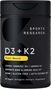 sports research® vitamin d3 + k2 w/ coconut oil vegan vitamin d 5000iu & mk7 vitamin k 100mcg for bone & immune support vegan certified · non gmo · soy free 60 softgels