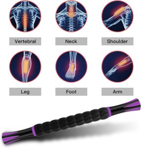 mzdxj muscle roller massage roller stick deep tissue fascia blaster for myofascial pain relief, lymphatic drainage & body sculpting, handheld physical therapy & recovery tool (purple black 18 inch)