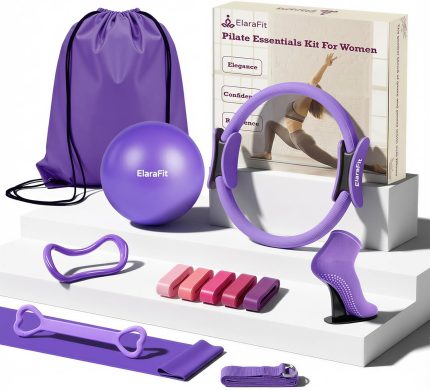 elarafit home pilates ring and ball set for women with 5 resistance bands 13 inch magic circle workout essentials starter kit for beginners, full body toning shape your body with 15 min daily routine
