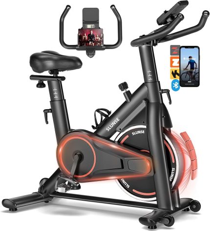 exercise bike, adjustable magnetic resistance stationary bikes for home with app compatible, silent indoor cycling bike with 350lbs weight capacity comfortable seat, digital monitor & phone mount