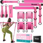 pilates bar kit with resistance bands, pilates workout equipment for legs, hip, waist, arm, squats exercise equipment for home workouts, adjustable 3 section pilates bar kit for women & men