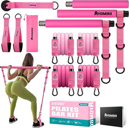 pilates bar kit with resistance bands, pilates workout equipment for legs, hip, waist, arm, squats exercise equipment for home workouts, adjustable 3 section pilates bar kit for women & men