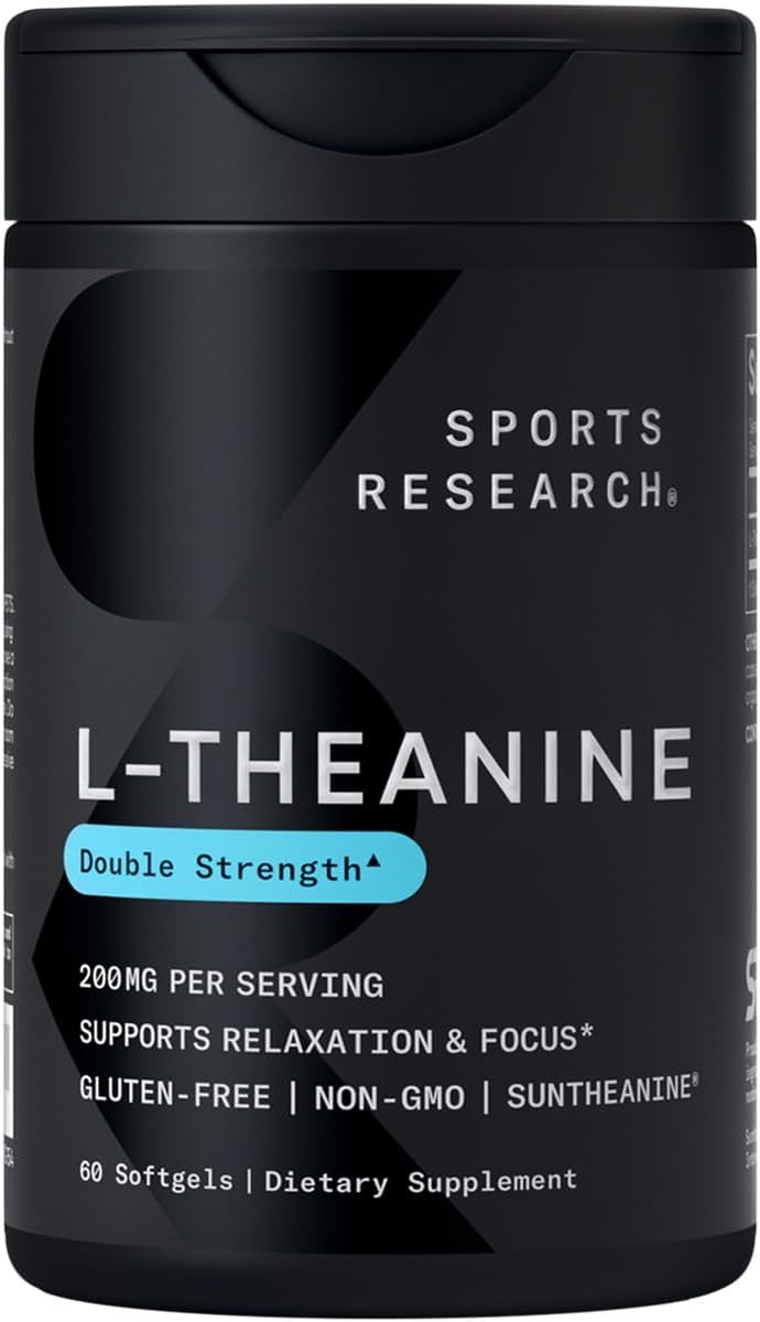 sports research double strength l theanine supplement suntheanine softgels for focus, relaxation & alertness non drowsy support made with coconut oil, non gmo & gluten free 200mg, 60 count sports research double strength l theanine supplement suntheanine softgels for focus, relaxation & alertness non drowsy support made with coconut oil, non gmo & gluten free 200mg, 60 count