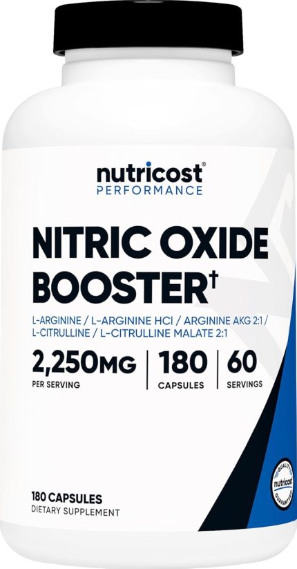 nutricost nitric oxide booster 2250mg, 180 capsules 750mg per casule, 60 servings gluten free and non gmo