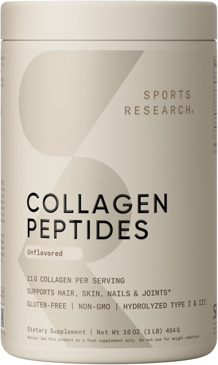 sports research collagen peptides hydrolyzed type 1 & 3 collagen powder protein supplement for healthy skin, nails, & joints easy mixing vital nutrients & proteins, collagen for women & men