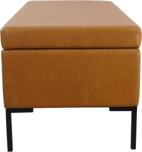 homepop upholstered storage bench with metal leg|homepop home décor|bench with storage for living room & entryway faux leather brown