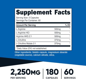 nutricost nitric oxide booster 2250mg, 180 capsules 750mg per casule, 60 servings gluten free and non gmo
