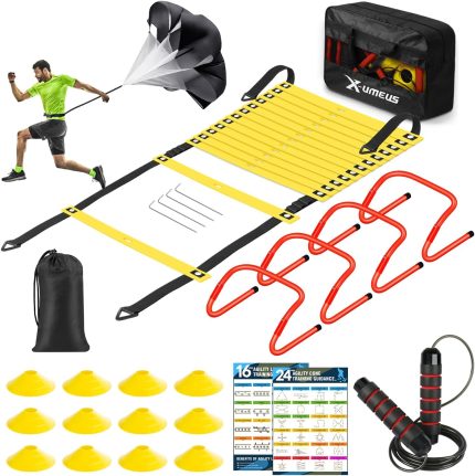 agility ladder speed training equipment set 20ft agility ladder,12 soccer cones,4 hurdles, jump rope, running parachute| basketball football soccer training equipment for kids youth adults