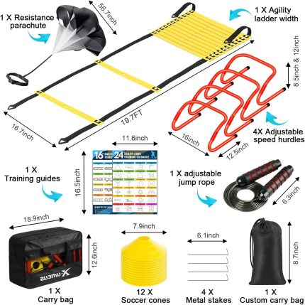 agility ladder speed training equipment set 20ft agility ladder,12 soccer cones,4 hurdles, jump rope, running parachute| basketball football soccer training equipment for kids youth adults
