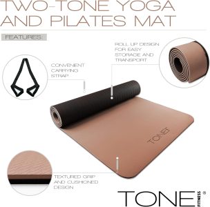 tone fitness yoga mat 1/4" thick non slip exercise & pilates mat for home workouts with carrying strap | multiple options