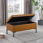 homepop upholstered storage bench with metal leg|homepop home décor|bench with storage for living room & entryway faux leather brown