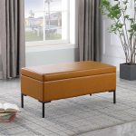 homepop upholstered storage bench with metal leg|homepop home décor|bench with storage for living room & entryway faux leather brown