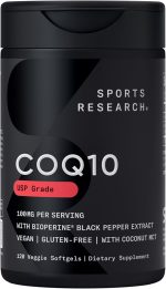 Sports Research CoQ10 (100mg) Enhanced w/Coconut Oil & Bioperine (Black Pepper) for Better Absorption | Vegan Certified, Non-GMO Verified (120 Veggie Softgels)